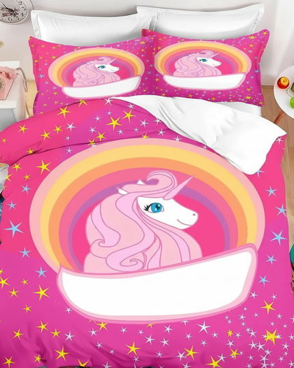 hot pink rainbow badge unicorn bedding - lifestyle