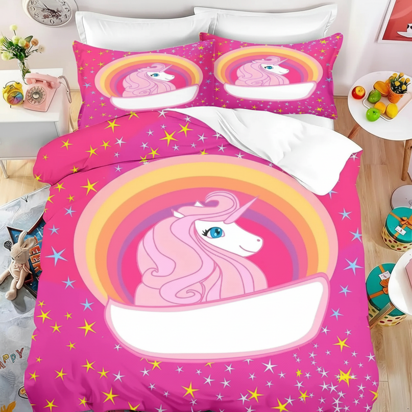 hot pink rainbow badge unicorn bedding - lifestyle
