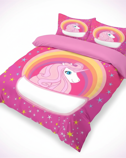 hot pink rainbow badge unicorn bedding - white-bg