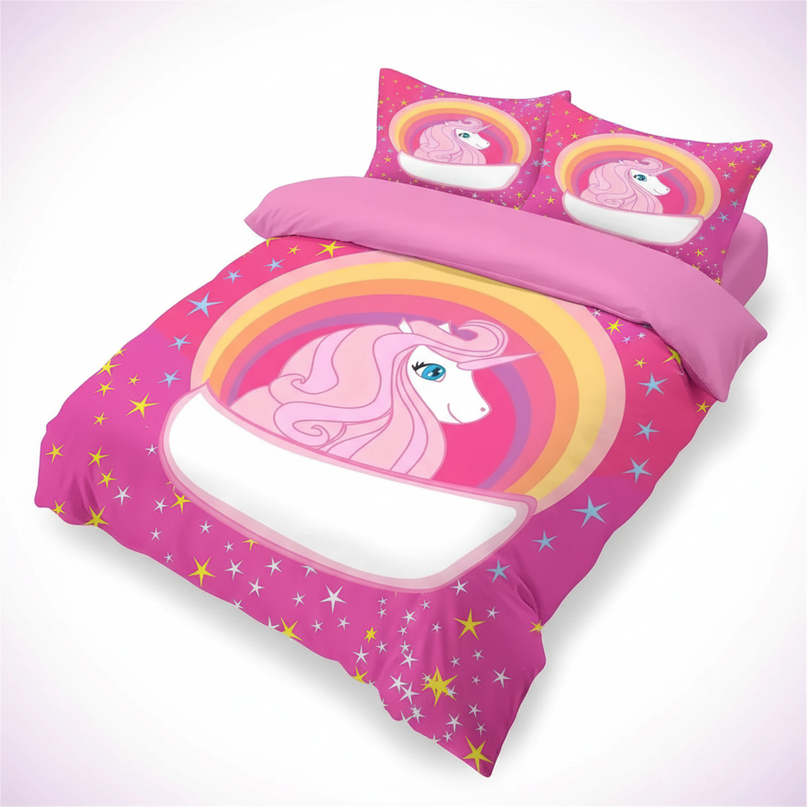 hot pink rainbow badge unicorn bedding - white-bg
