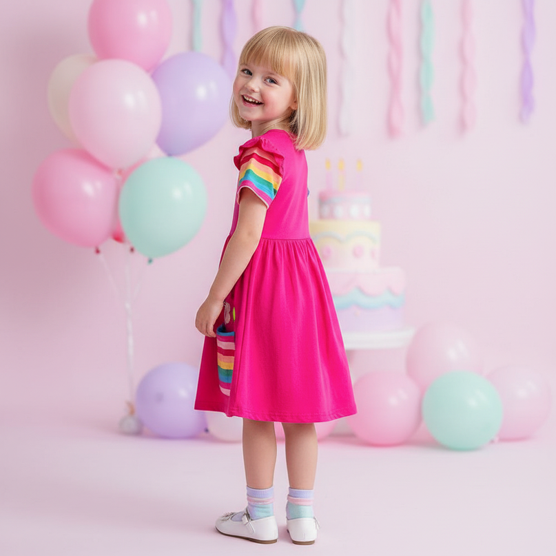 hot pink unicorn applique dress - back