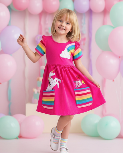 hot pink unicorn applique dress - front