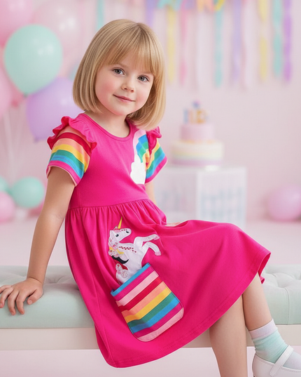 hot pink unicorn applique dress - sitting
