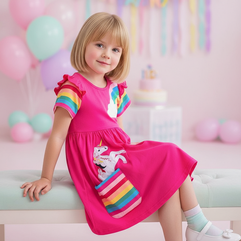hot pink unicorn applique dress - sitting