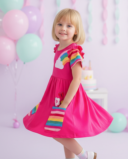 hot pink unicorn applique dress - three-quarter