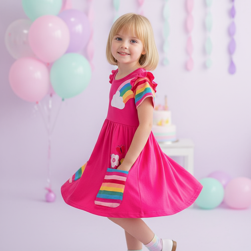 hot pink unicorn applique dress - three-quarter