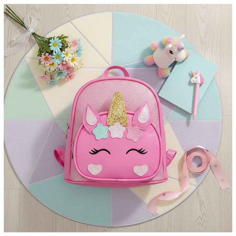 hot pink unicorn backpack custom name - flat-lay