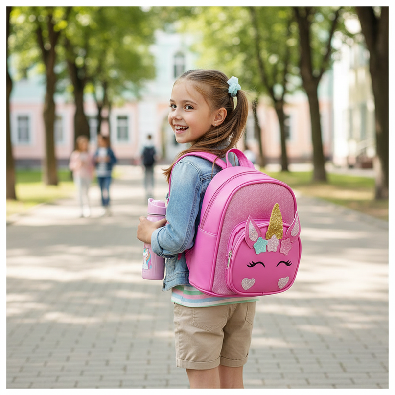 hot pink unicorn backpack custom name - in-use