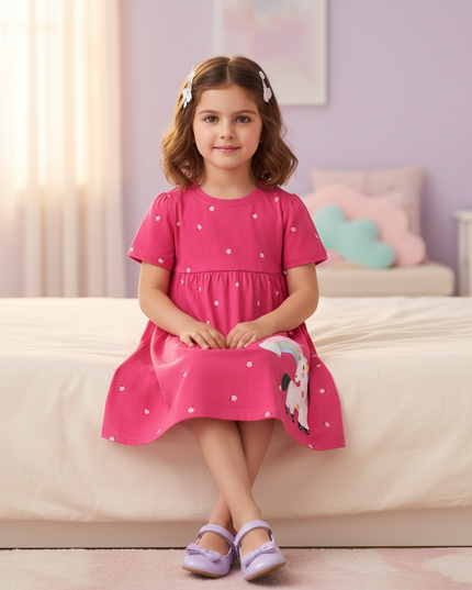 hot pink unicorn dress girls - sitting