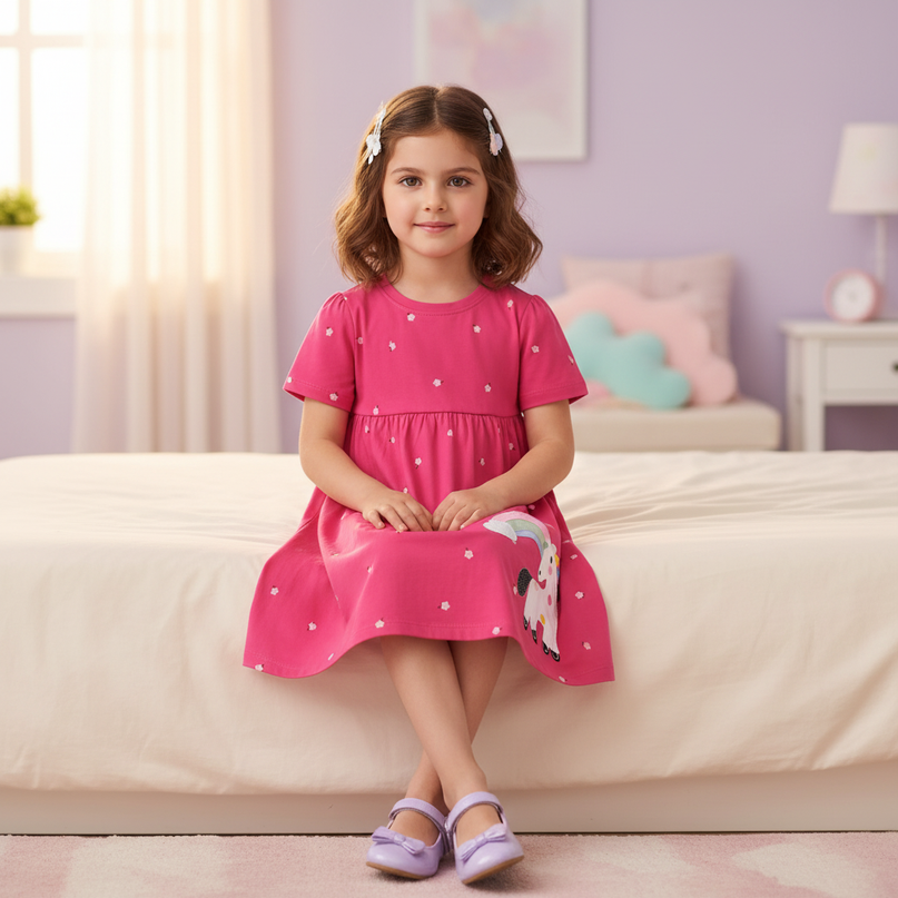 hot pink unicorn dress girls - sitting