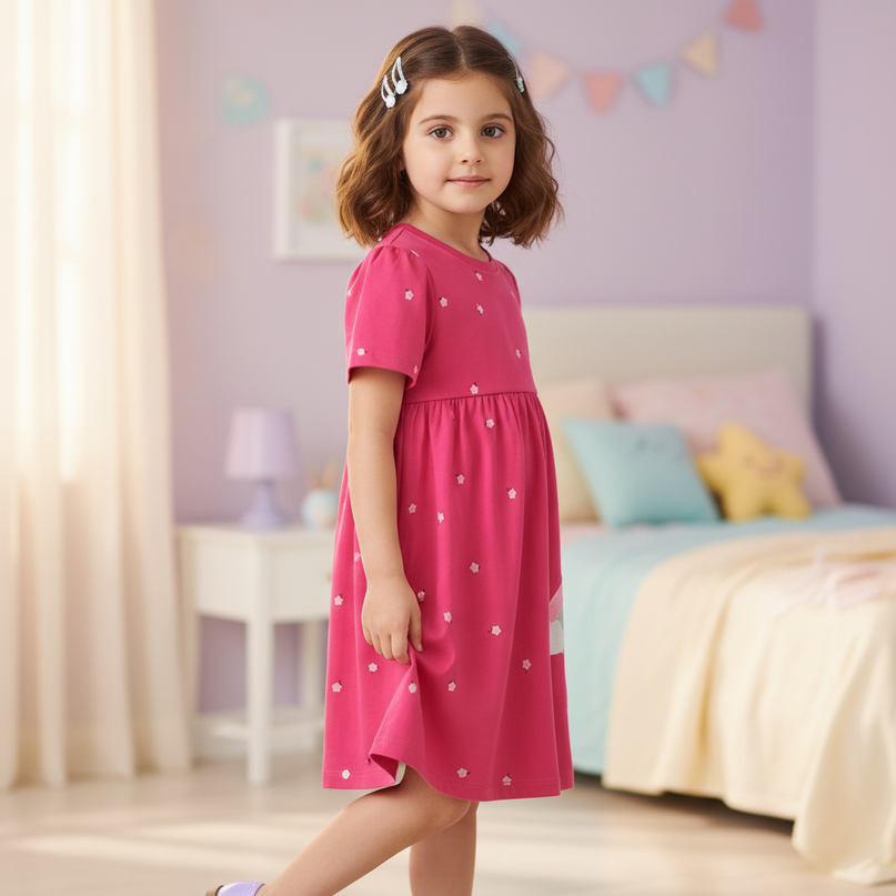 hot pink unicorn dress girls - three-quarter