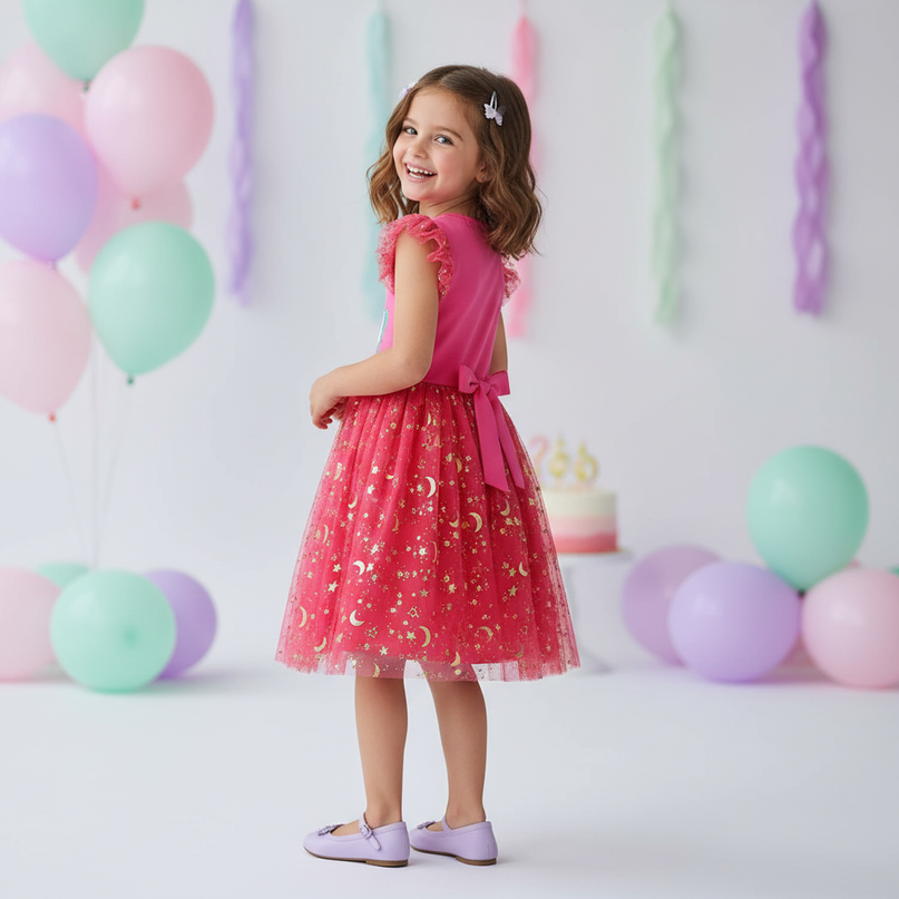 hot pink unicorn embroidery dress - back