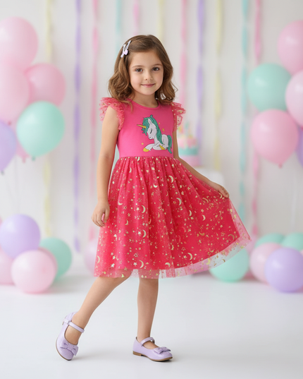 hot pink unicorn embroidery dress - front