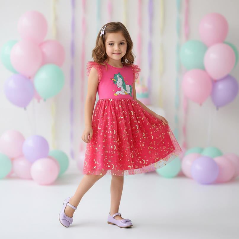 hot pink unicorn embroidery dress - front