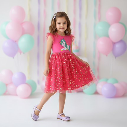 hot pink unicorn embroidery dress - front