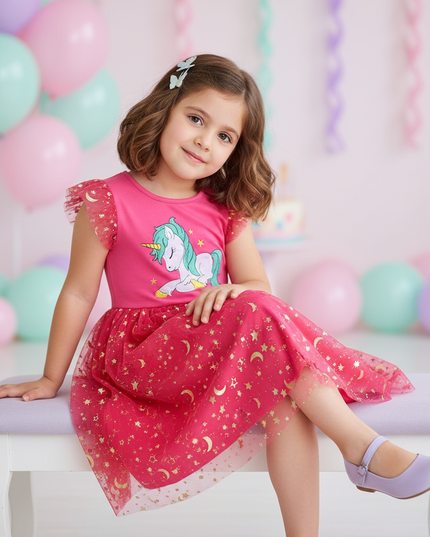 hot pink unicorn embroidery dress - sitting