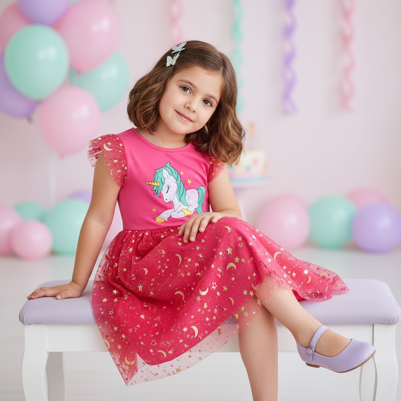 hot pink unicorn embroidery dress - sitting