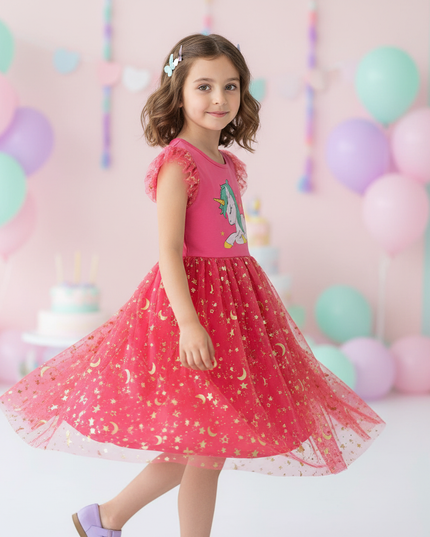 hot pink unicorn embroidery dress - three-quarter