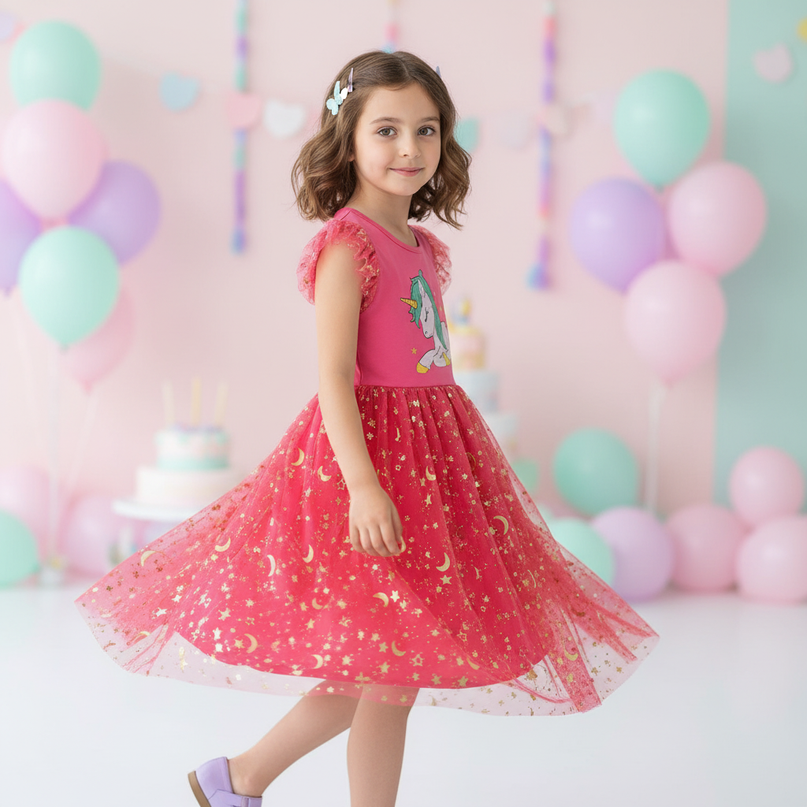hot pink unicorn embroidery dress - three-quarter
