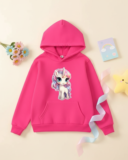 hot pink unicorn hoodie - flat-lay
