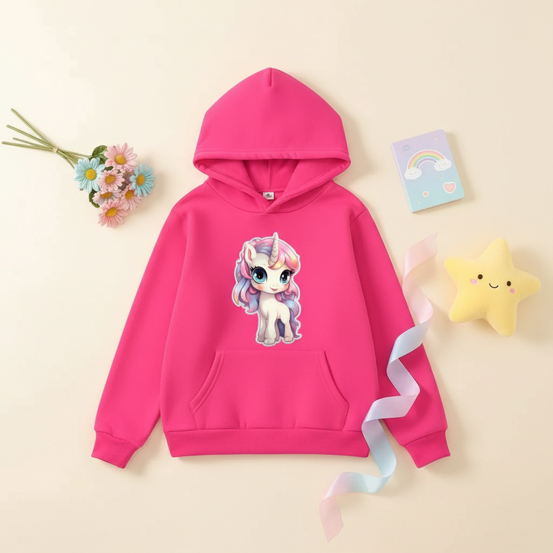 hot pink unicorn hoodie - flat-lay