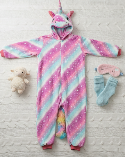 hot pink unicorn onesie - flat-lay