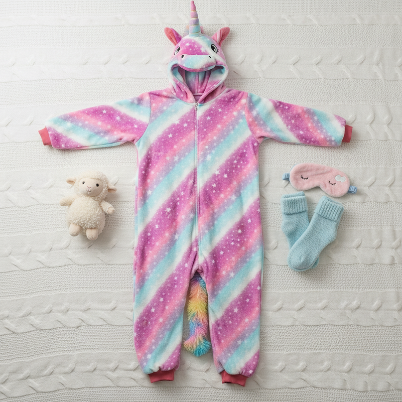 hot pink unicorn onesie - flat-lay