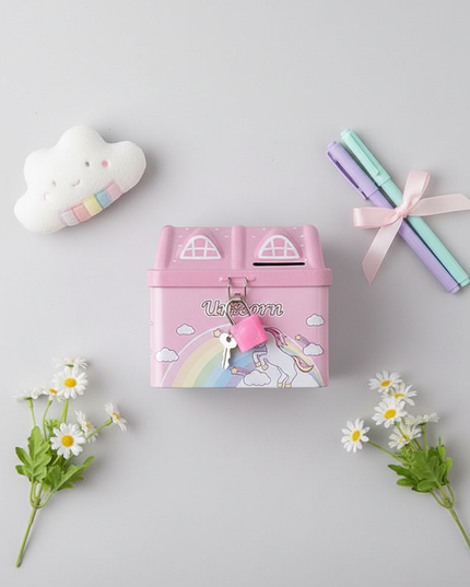 house unicorn piggy bank - flat-lay