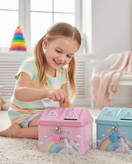 house unicorn piggy bank - in-use