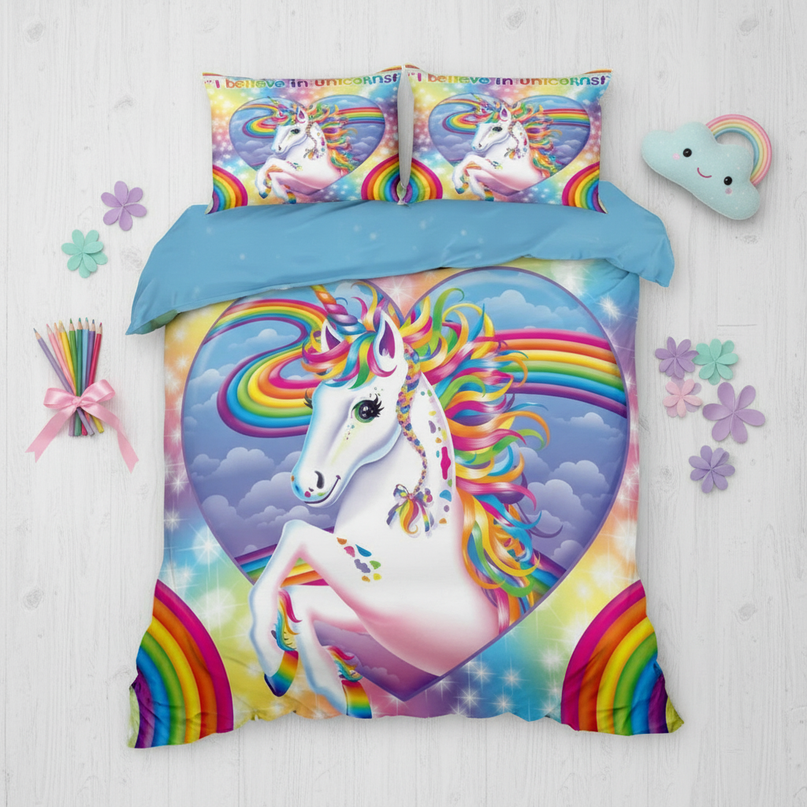 i believe unicorns rainbow unicorn bedding - flat-lay