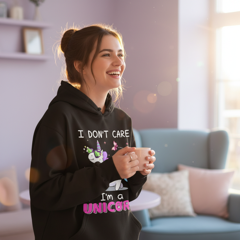 i dont care im a unicorn hoodie - in-use