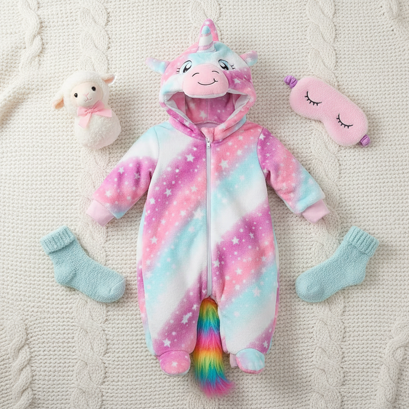 infant unicorn onesie - flat-lay