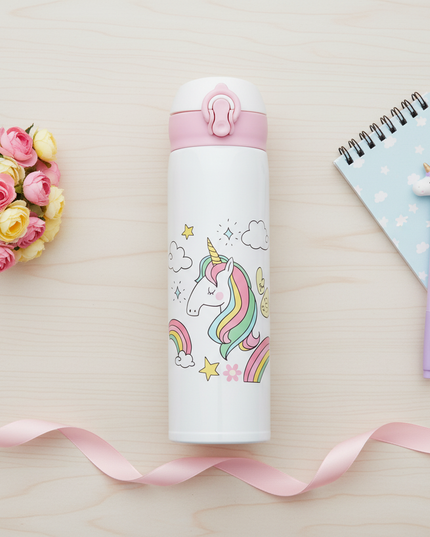 insulated unicorn water bottle - flat-lay