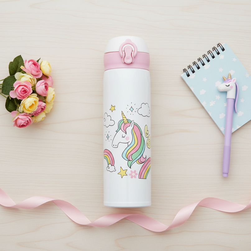 insulated unicorn water bottle - flat-lay