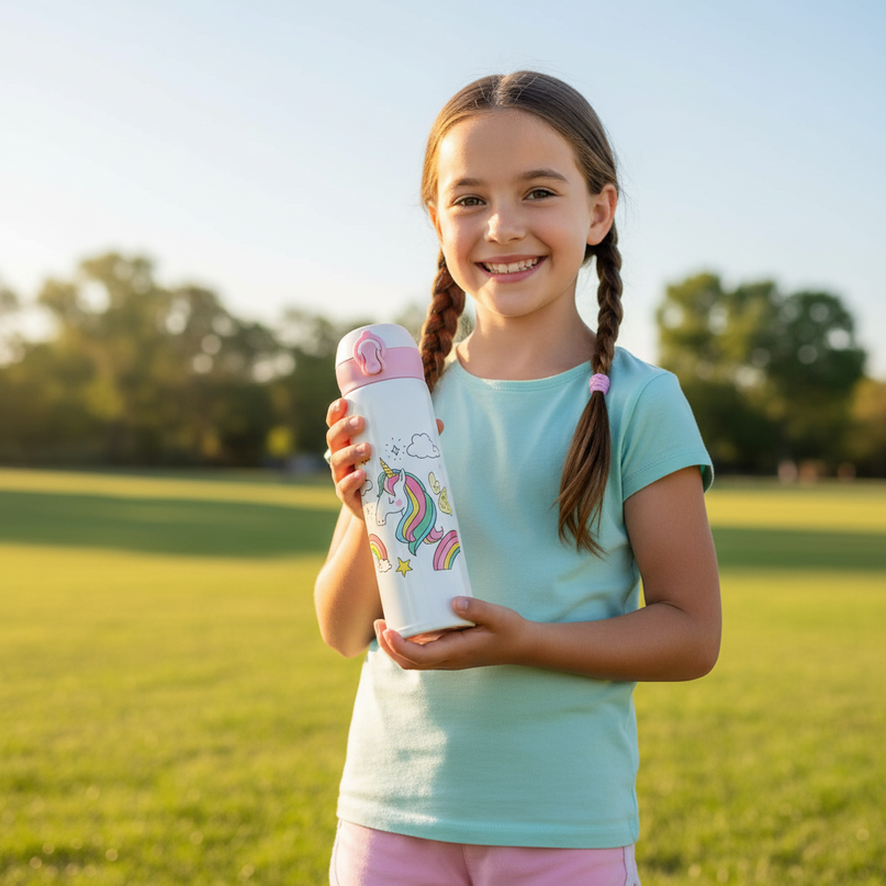 insulated unicorn water bottle - in-use