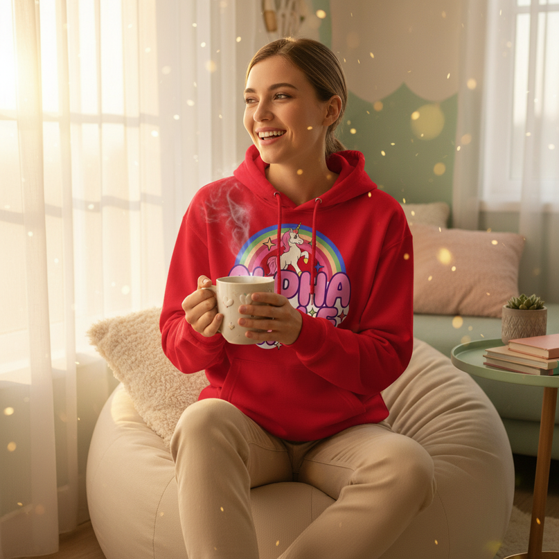 ironic alpha male unicorn hoodie - in-use