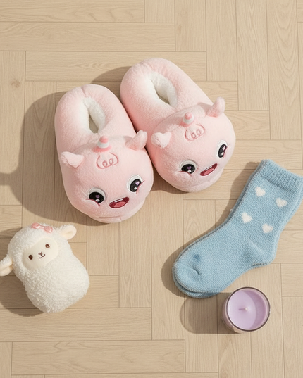 joyful unicorn slippers - flat-lay