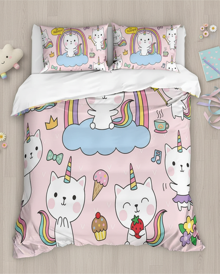 kawaii caticorn pattern bedding - flat-lay
