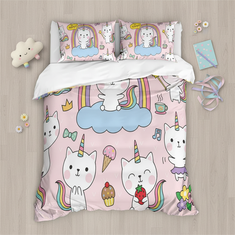kawaii caticorn pattern bedding - flat-lay
