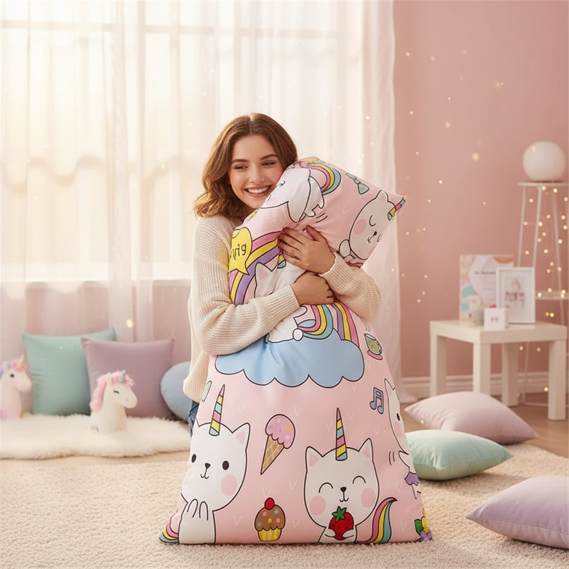 kawaii caticorn pattern bedding - in-use