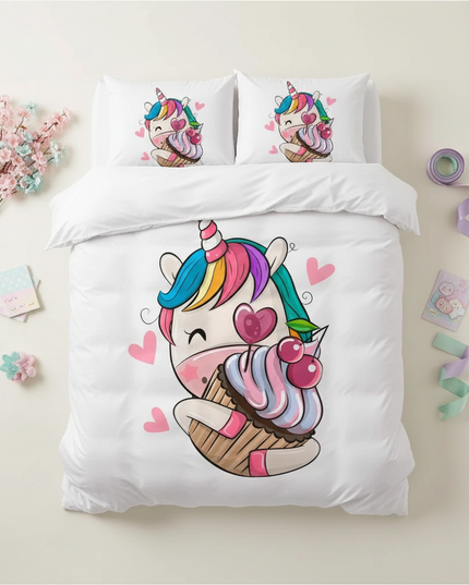 kawaii cupcake love unicorn bedding - flat-lay