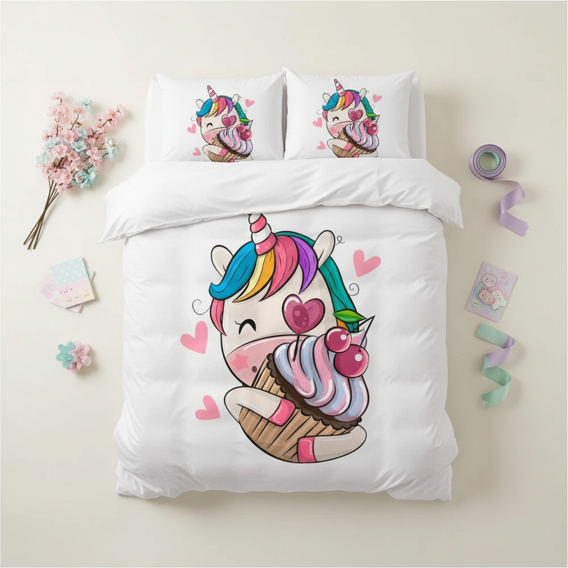 kawaii cupcake love unicorn bedding - flat-lay