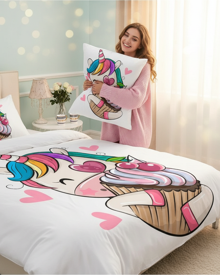 kawaii cupcake love unicorn bedding - in-use