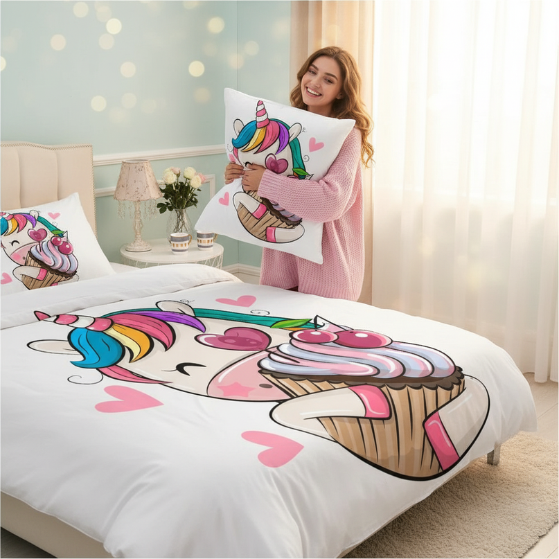 kawaii cupcake love unicorn bedding - in-use