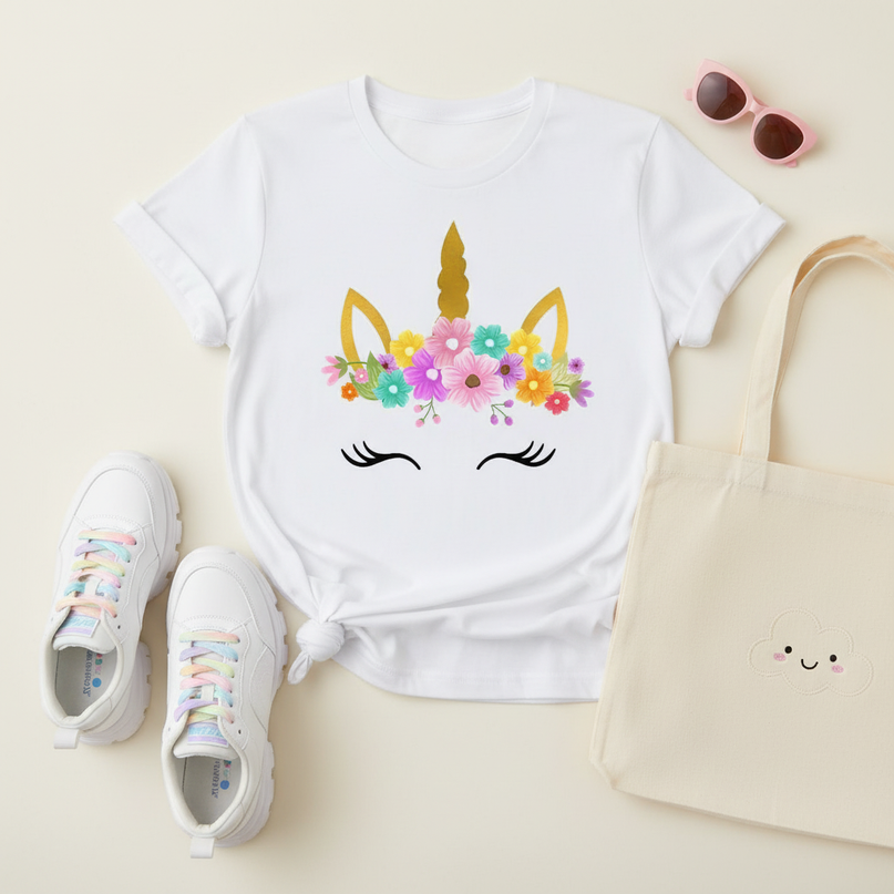 kawaii girl unicorn shirt - flat-lay