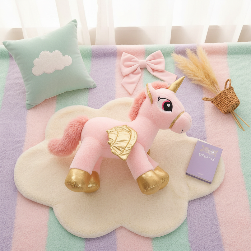 kawaii pink flying unicorn plush - flat-lay