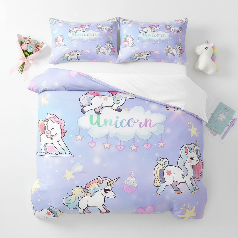 kawaii unicorn bedding - flat-lay