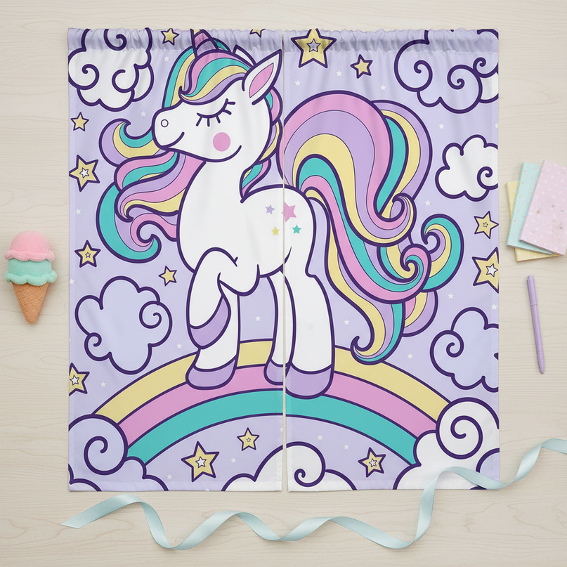 kawaii unicorn curtains - flat-lay
