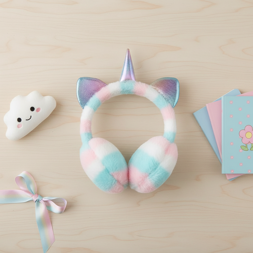 kawaii unicorn earmuffs - flat-lay