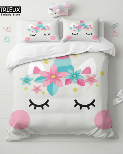 kawaii unicorn face bedding - flat-lay